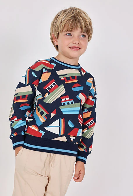 Sweat-shirt garçon en maille bleue bateaux