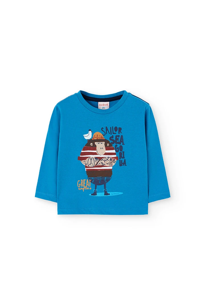 Blaues T-Shirt aus Strick für Jungen mit Seemannsgorilla