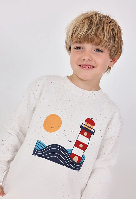 Sweat-shirt garçon en peluche blanche phare soleil