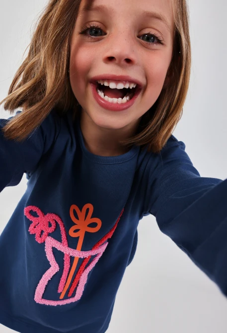 T-shirt fille manches longues coton bleu marine