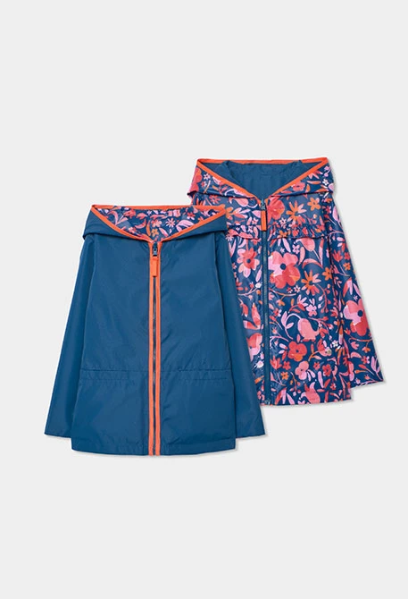 Parka bambina reversibile in tessuto tecnico blu navy