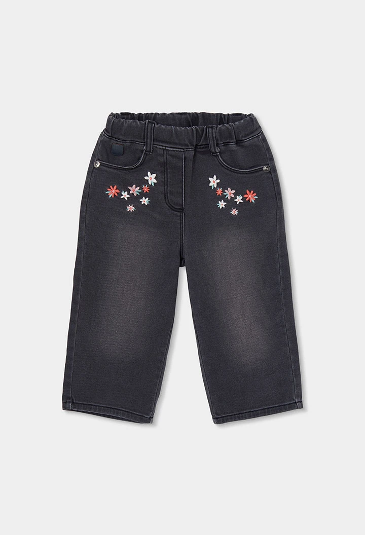 Pantalon denim fille noir brodé de fleurs