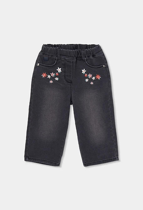 Black embroidered floral denim trousers for girls