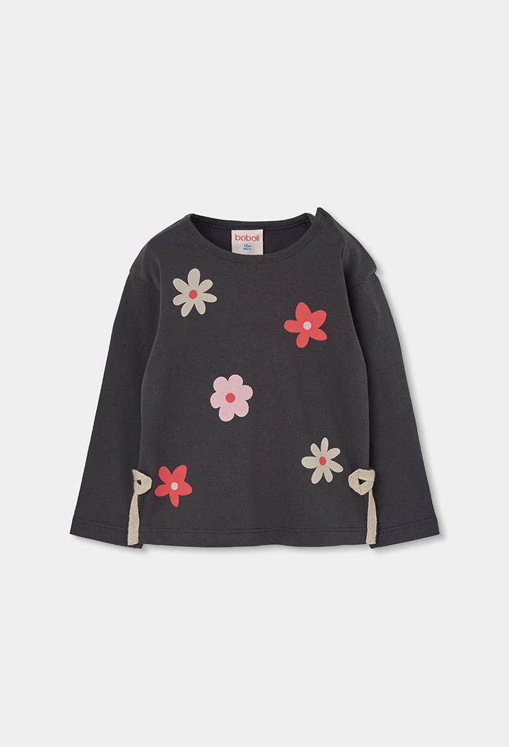 T-shirt maille fille gris imprimé fleurs