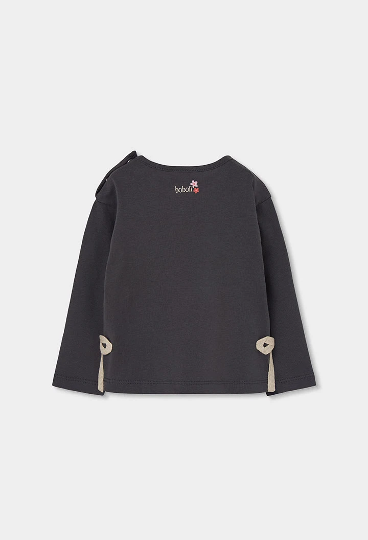 T-shirt maille fille gris imprimé fleurs