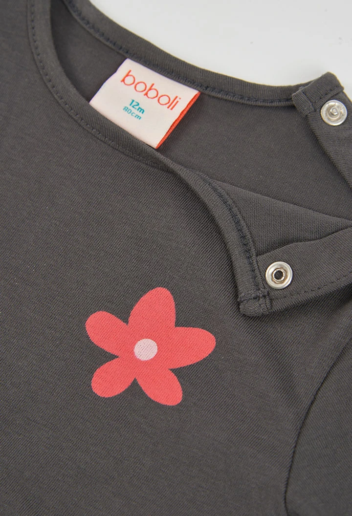 T-shirt maille fille gris imprimé fleurs