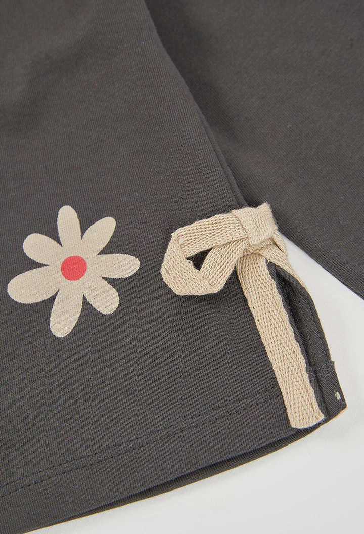 T-shirt maille fille gris imprimé fleurs
