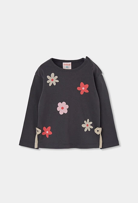 T-shirt maille fille gris imprimé fleurs
