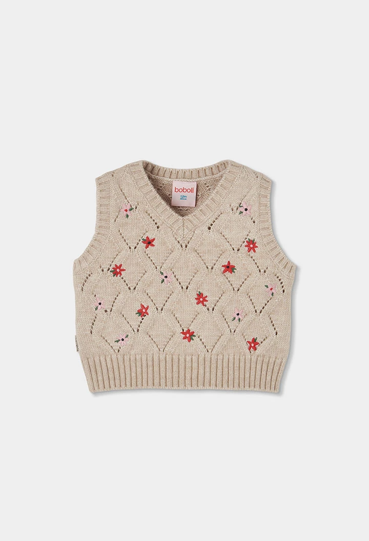 Gilet beige fille brodé de fleurs
