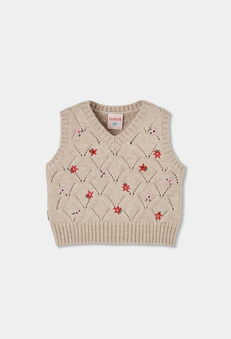 Gilet beige fille brodé de fleurs
