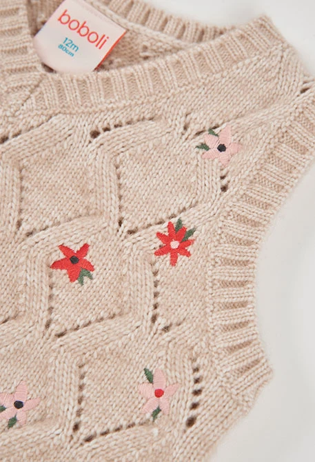 Gilet beige fille brodé de fleurs