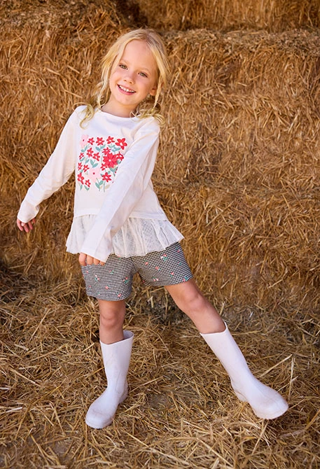 Embroidered floral checked knit skirt-trousers girl