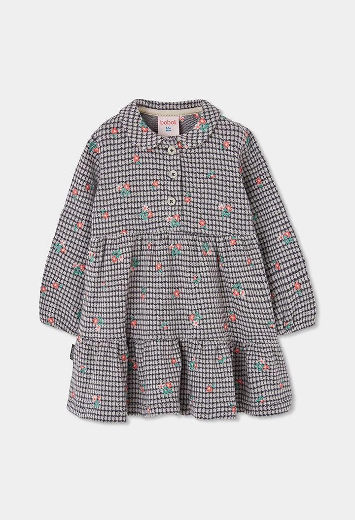 Robe en maille à carreaux et fleurs gris