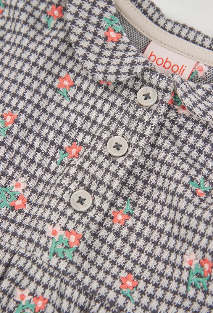 Robe en maille à carreaux et fleurs gris