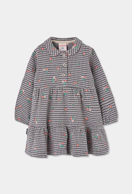 Robe en maille à carreaux et fleurs gris