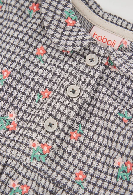 Robe en maille à carreaux et fleurs gris