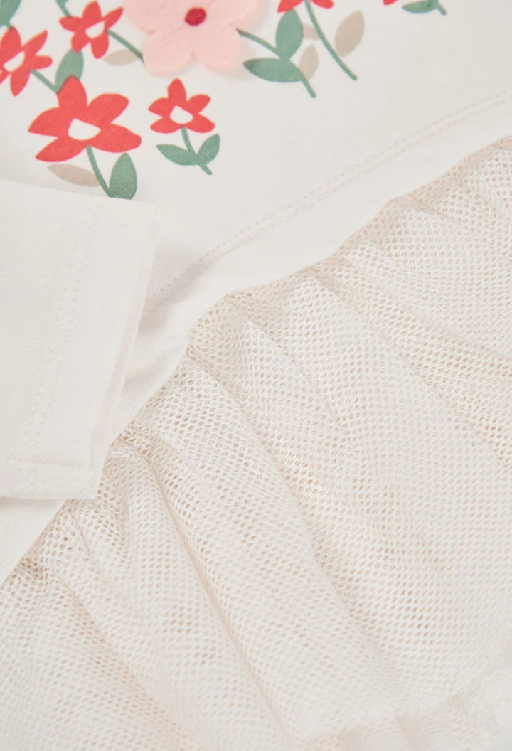 T-shirt en maille fille blanc imprimé fleurs tulle
