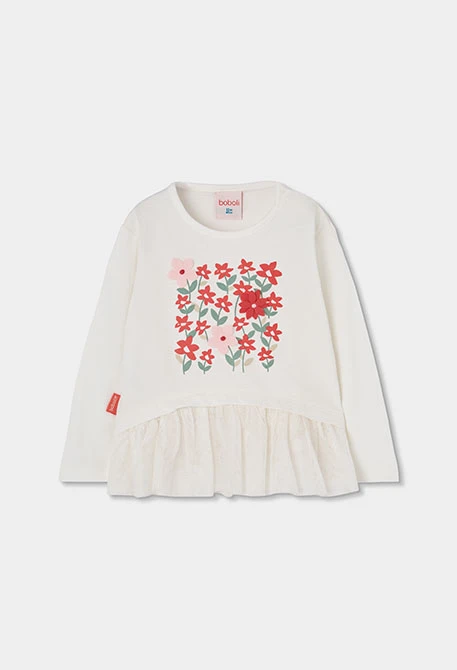T-shirt en maille fille blanc imprimé fleurs tulle