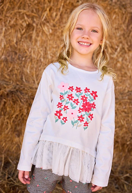 Maglietta in maglia bambina bianca con stampa fiori in tulle