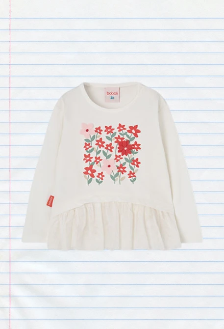 Camiseta ponto menina branca estampado flores tule