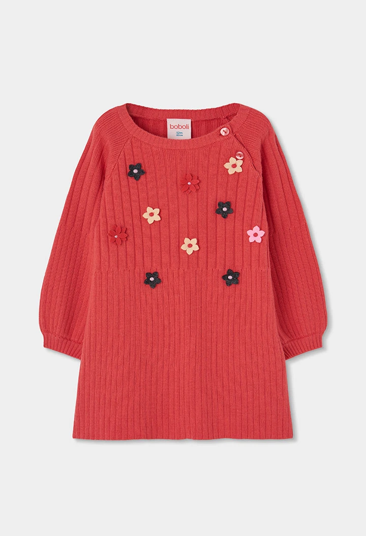 Vestido de malha morango com flores bebé