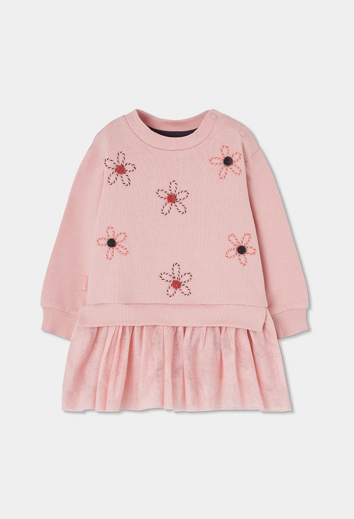 Robe molleton et tulle rose brodé fleurs