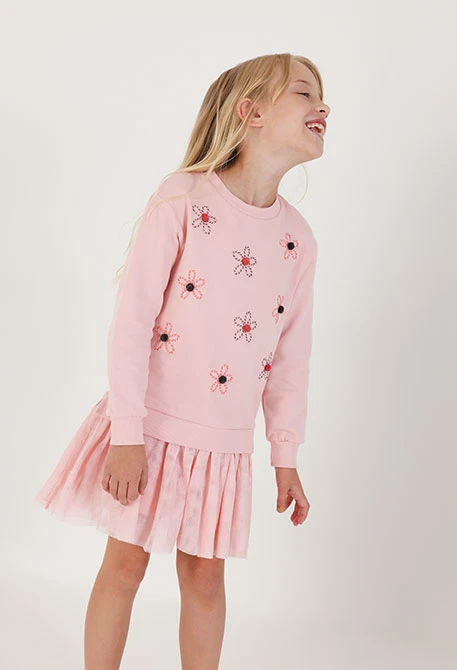 Robe molleton et tulle rose brodé fleurs