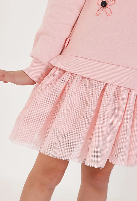 Vestido felpa y tul rosa bordado flores