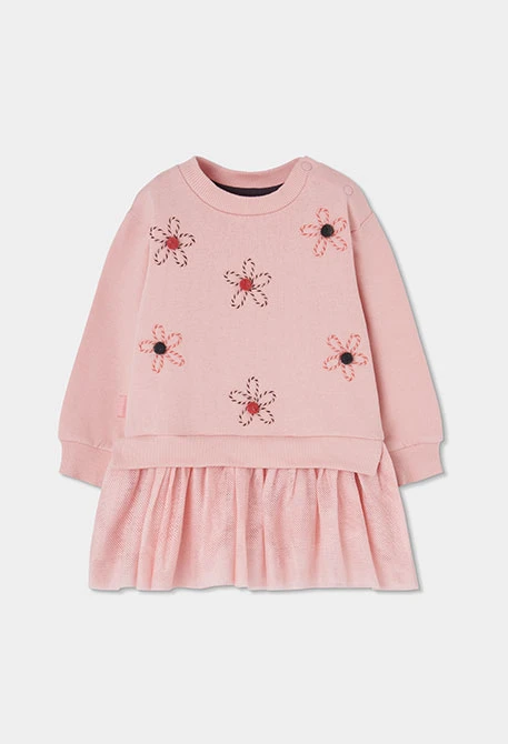 Robe molleton et tulle rose brodé fleurs