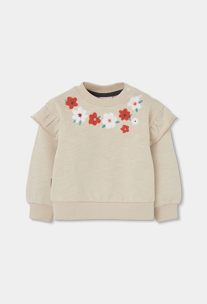 Sweat-shirt molleton fille beige brodé fleurs