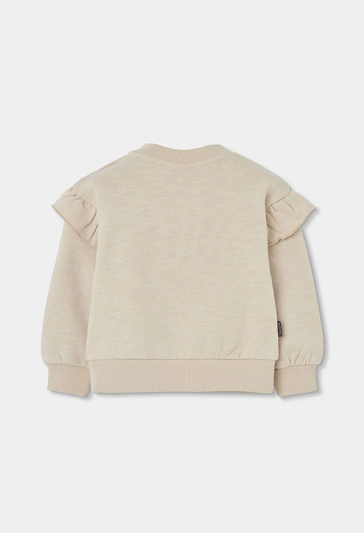 Sweat-shirt molleton fille beige brodé fleurs