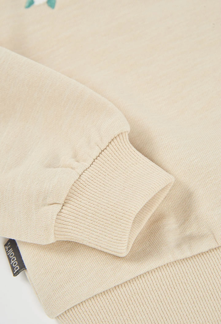 Sweat-shirt molleton fille beige brodé fleurs