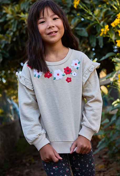 Sweatshirt aus Plüsch für Mädchen, beige, mit Blumenstickerei