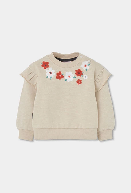 Sweat-shirt molleton fille beige brodé fleurs