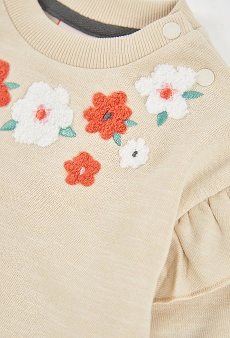 Sweat-shirt molleton fille beige brodé fleurs