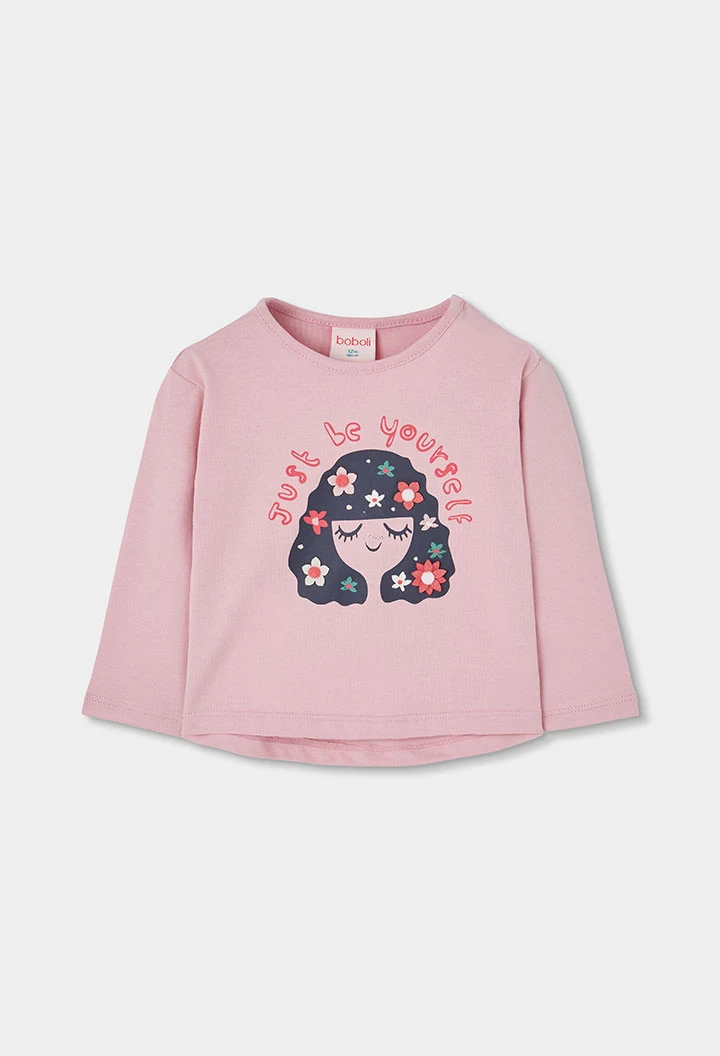 T-shirt en maille fille rose imprimé fille fleurs