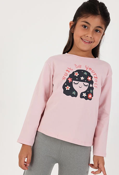 Girl\'s pink floral print knitted T-shirt