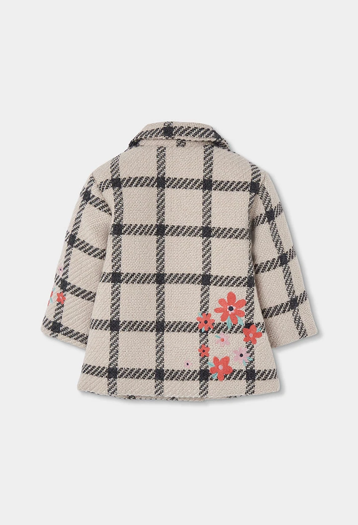 Manteau fille beige carreaux broderie fleurs