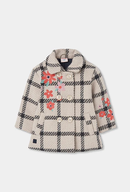 Manteau fille beige carreaux broderie fleurs