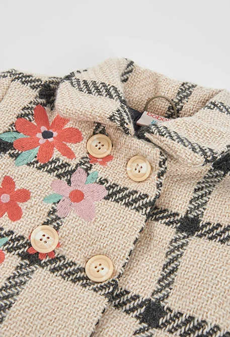 Manteau fille beige carreaux broderie fleurs