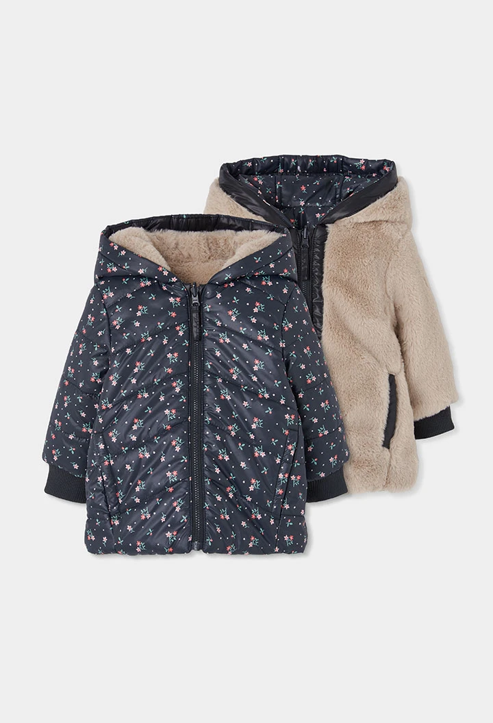 Parka tissu technique fille bleu marine imprimé fleurs