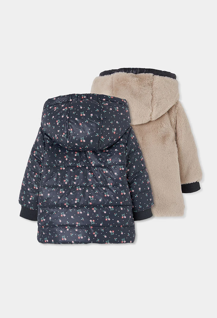 Parka tissu technique fille bleu marine imprimé fleurs