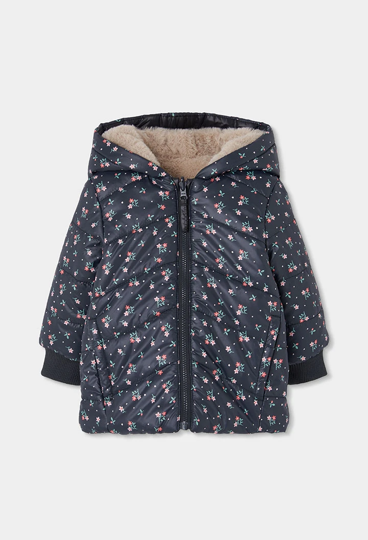 Parka tissu technique fille bleu marine imprimé fleurs