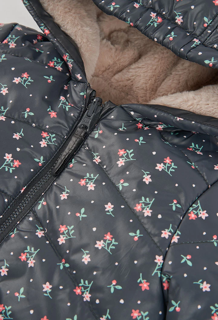 Parka tissu technique fille bleu marine imprimé fleurs