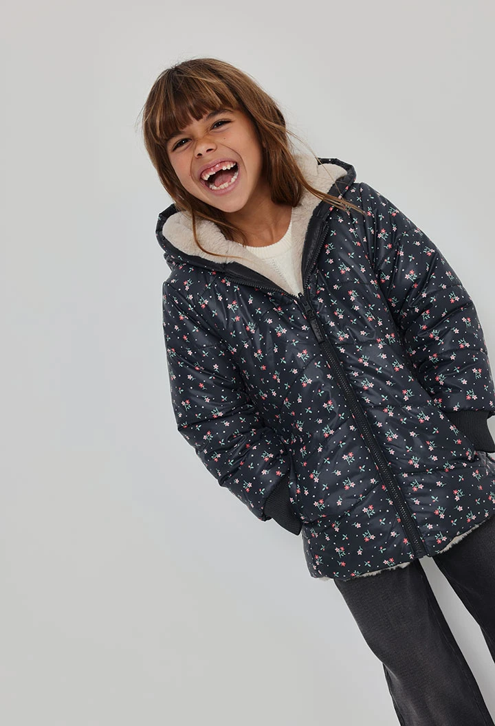 Parka tissu technique fille bleu marine imprimé fleurs