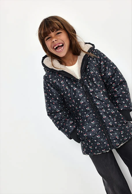 Technisches Strickgewebe Parka Mädchen marineblau Blumendruck