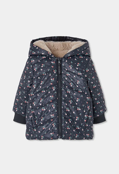 Parka tissu technique fille bleu marine imprimé fleurs
