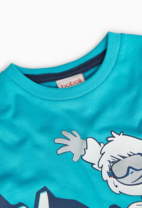 Camisola de malha de bebé menino em azul com estampado