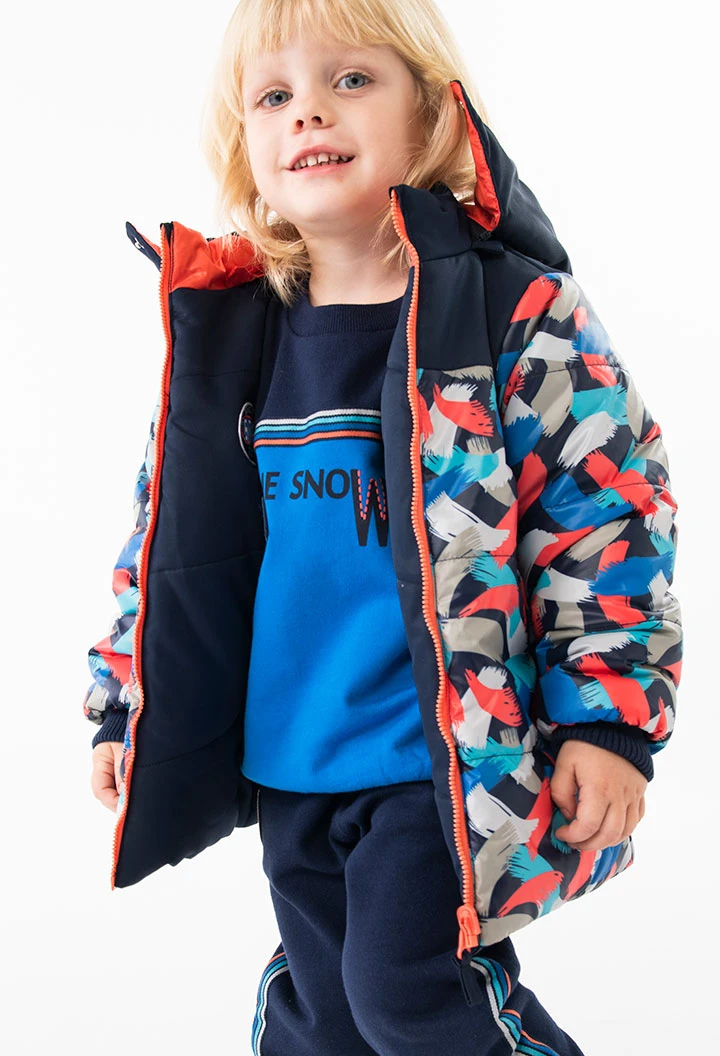 Reversible parka for baby boy in navy blue print