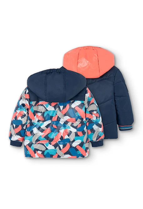 Reversible parka for baby boy in navy blue print